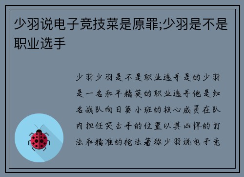 少羽说电子竞技菜是原罪;少羽是不是职业选手